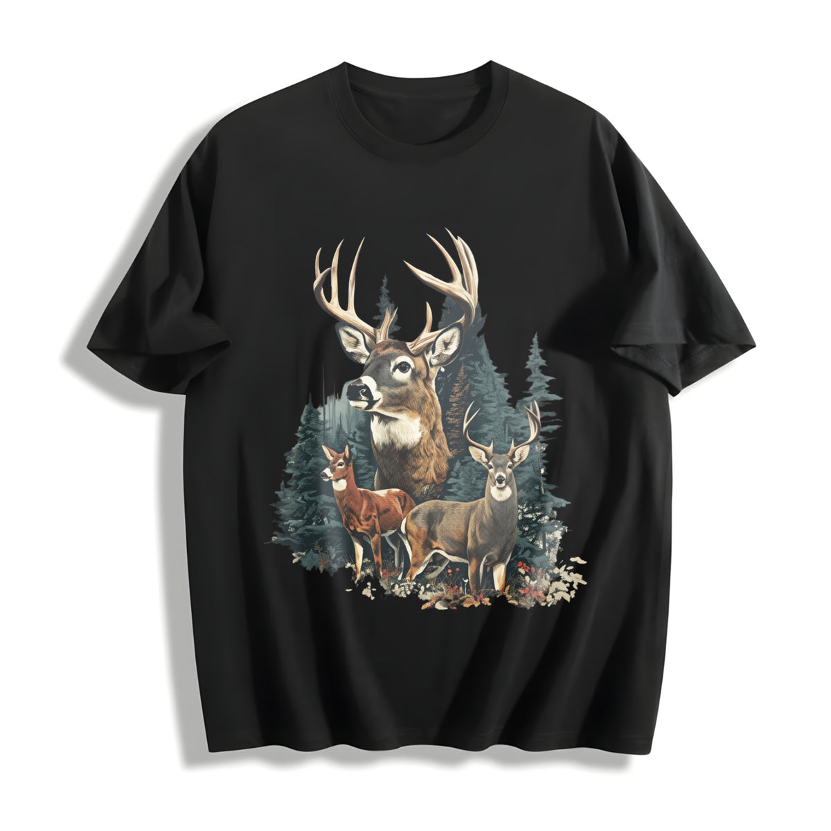 90's Retro Fall Buck and Doe Deer Americana Nostalgia Cotton T-Shirt in Black