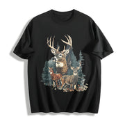 90's Retro Fall Buck and Doe Deer Americana Nostalgia Cotton T-Shirt in Black