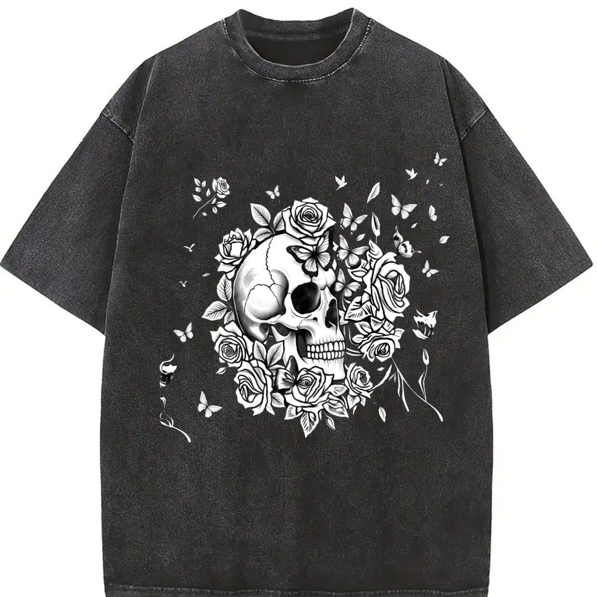 Floral Skull Vintage Washed T-Shirt in Black