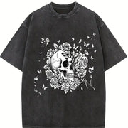 Floral Skull Vintage Washed T-Shirt in Black
