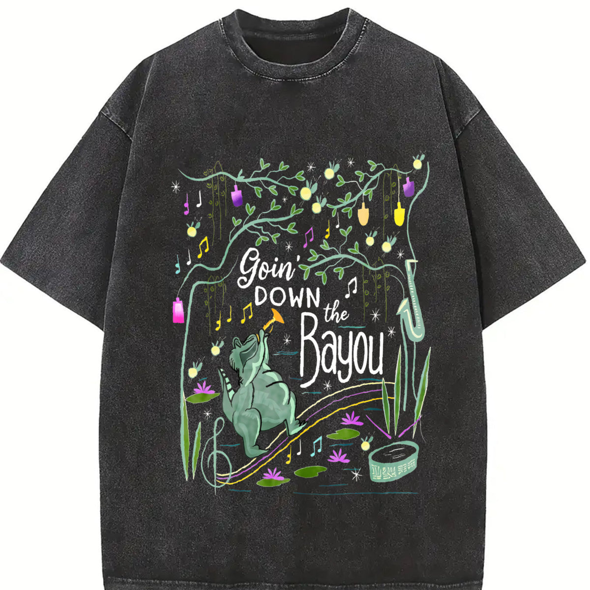 New Orleans Bayou Goin Down the Bayou Vintage Washed T-Shirt in Black