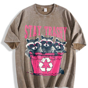 Stay Trashy Black with Pink Raccoon & Bin Vintage Washed T-Shirt in Brown
