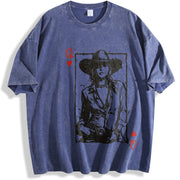 Western Valentine Cowgirl Queen of Hearts Card vintage washed oversized T-shirt in Blue