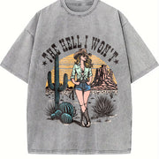 Retro Cowgirl the Hell I Won't Western 90s Vintage Washed T-Shirt in Gray