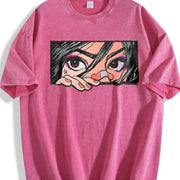Anime Girl Peeking Eyes Sleeveless Vest Y2K Sleeveless Vintage Washed T-Shirt in Red
