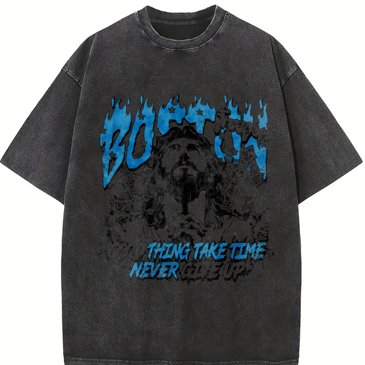 Boston Jesus Cross White Grunge Vintage Washed T-Shirt in Black