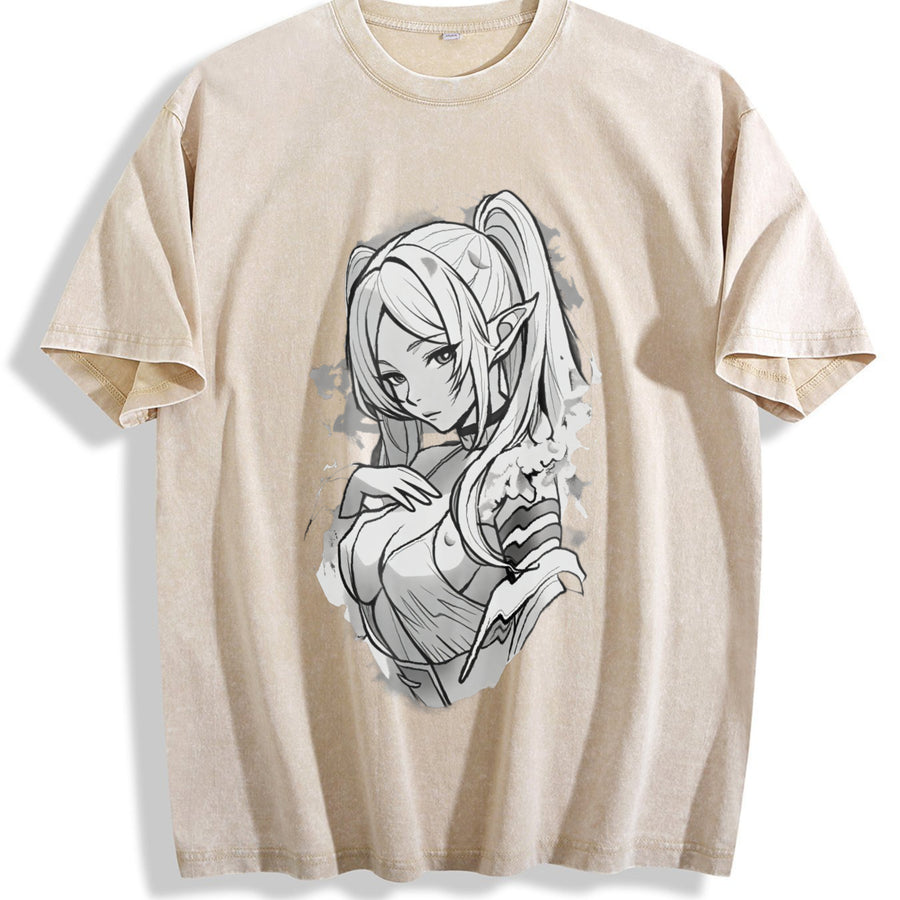 Frieren × Fern Frieren: Beyond Journey's End Anime Manga vintage washed oversized T-shirt in Beige