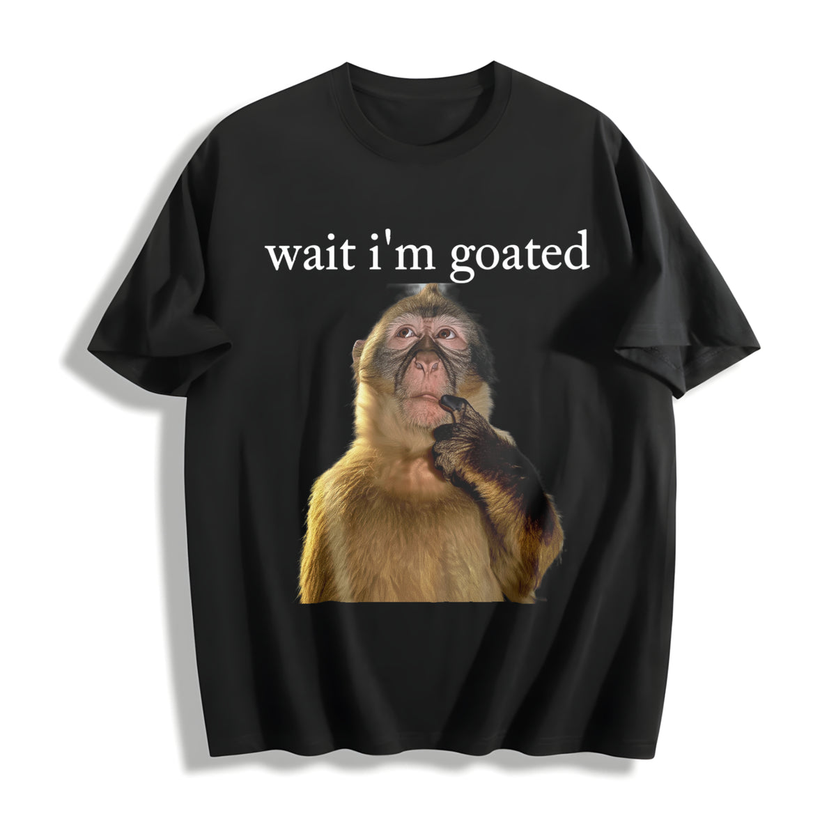 Wait I'm Goated Thinking Monkey Meme Brainrot Cotton T-Shirt in Black