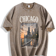 Chicago Illinois Windy City Travel Souvenir Urban Skyline Vintage Washed T-Shirt in Brown