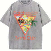 Tennis Club Tropical Art Vintage Washed T-Shirt in Gray