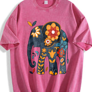 Bohemian Elephant with Vibrant Elephant & Floral Vintage Washed T-Shirt in Red