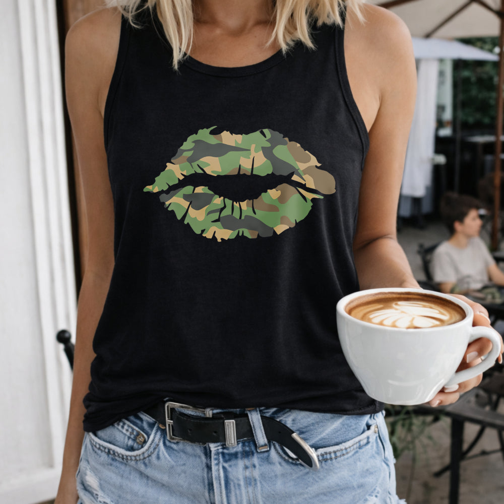 Camo Lips Crew-neck Sleeveless Vest Outdoor Women's Color Cotton Tank Top in Black