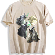 Wolves Howling to Moon 90s Vintage Washed T-Shirt in Beige