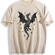 A Scale-patterned Black Dragon Round-neck Short-sleeve. Vintage Washed T-Shirt in Beige