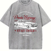 Retro Race Car Praise Courage Stay Wild Racing Letter Vintage Washed T-Shirt in Gray