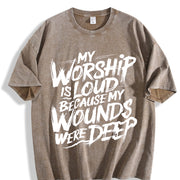 My Worship Is Loud Because My Wounds Were Deep Christian vintage washed oversized T-shirt in Brown