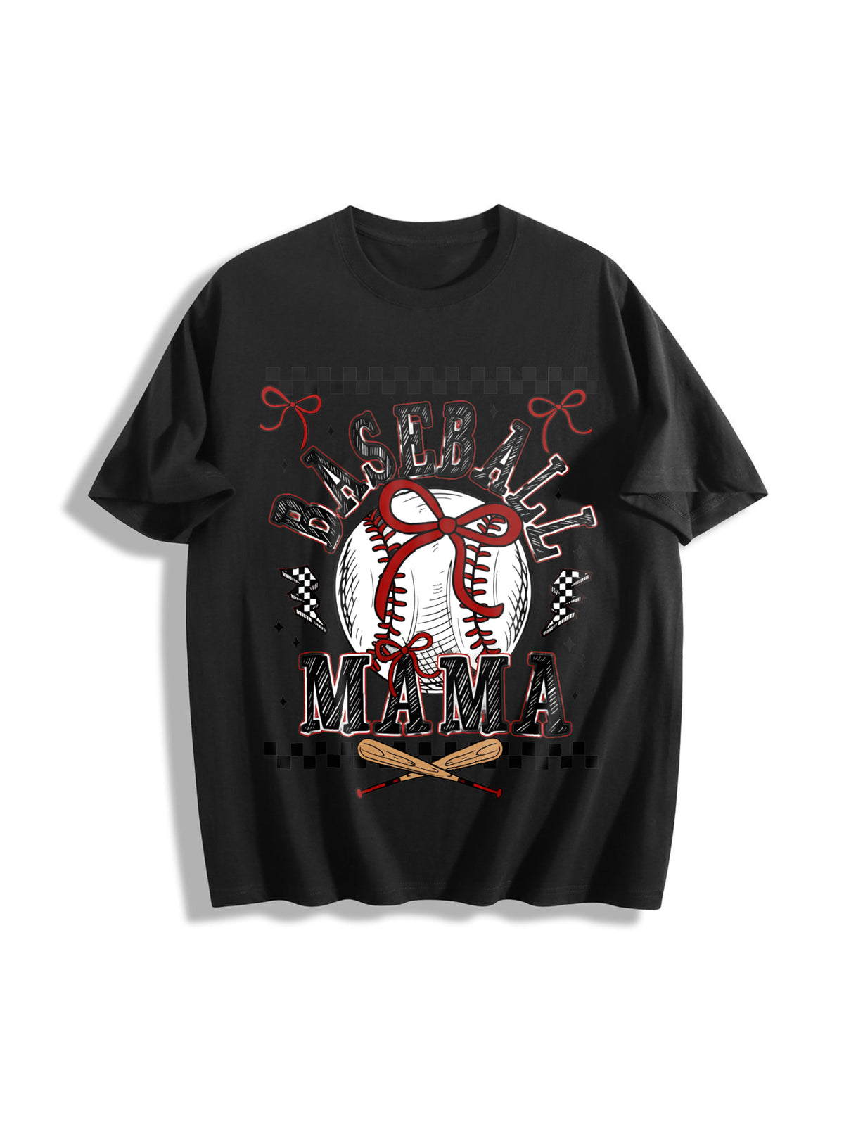 Retro Baseball Mama Checkered Cotton T-Shirt in Black