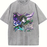 Anime X Dragon Halftone Vintage Washed T-Shirt in Gray
