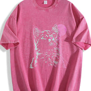 230gsm Blockbuster 80s Psychedelic Cat Vintage Washed T-Shirt in Red