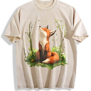 Autumn a Spring Floral and Fox Round-neck Short-sleeve Vintage Washed T-Shirt in Beige
