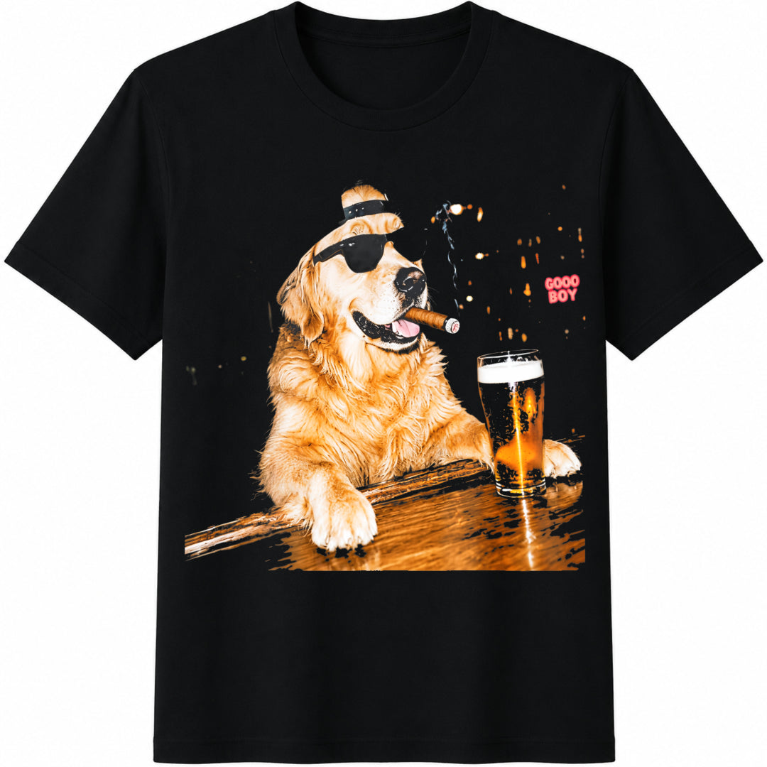 Golden Retriever Drinking Beer Cotton T-Shirt in Black