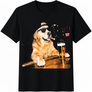 Golden Retriever Drinking Beer Cotton T-Shirt in Black