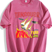 Takeover UFO Alien Fire Sleeveless Tank Vintage Washed T-Shirt in Red
