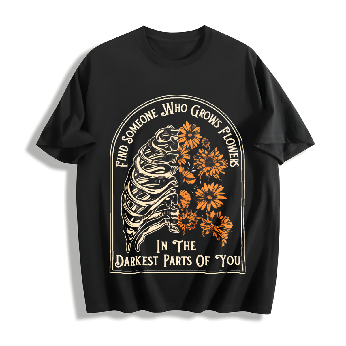 Find Someone Who Grows Flowers Rib Sunflowers Printing Cotton T-Shirt in Black