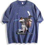 Aaron New York Custom Comic Style Baseball Custom vintage washed oversized T-shirt in Blue
