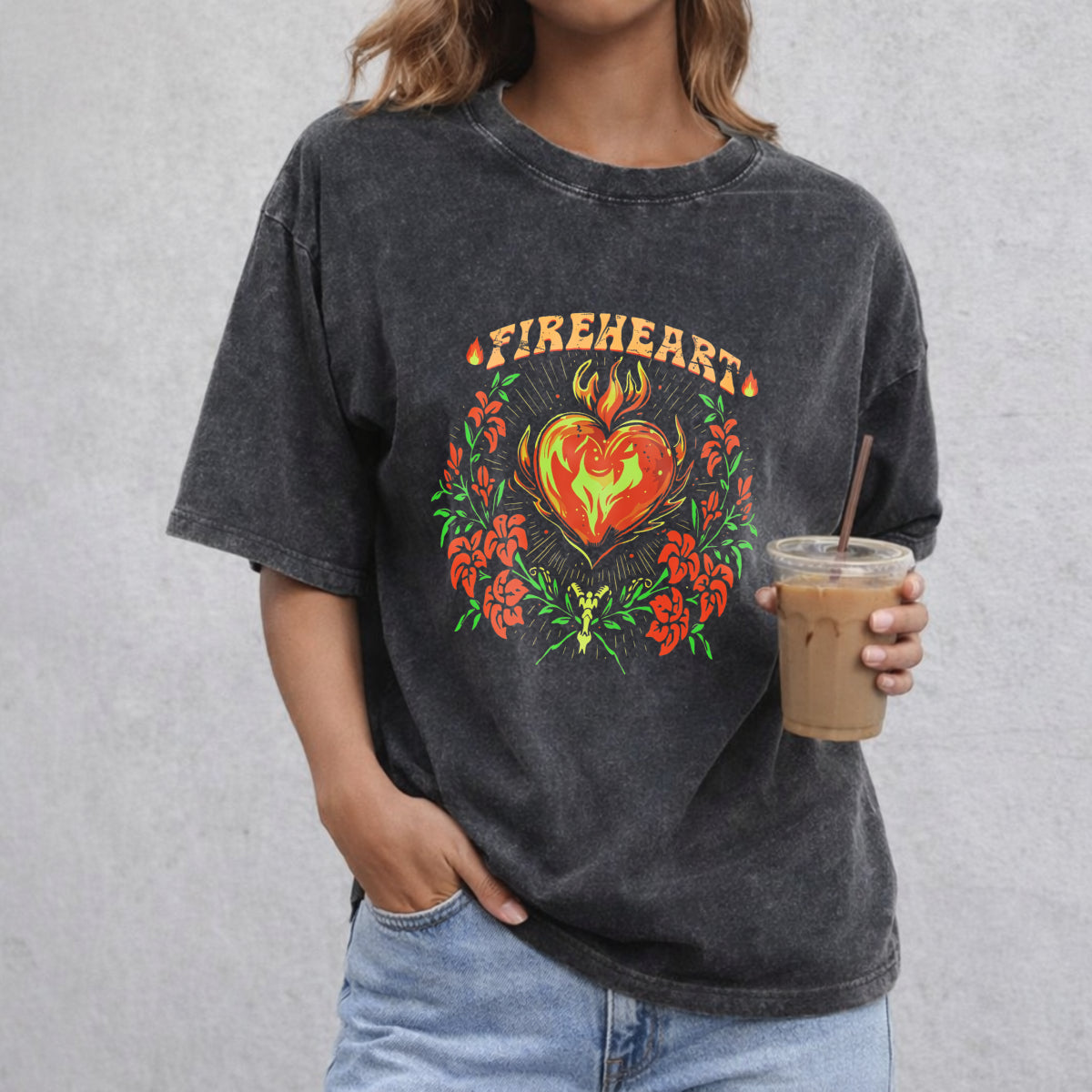 Fire-heart vintage washed oversized T-shirt in Black