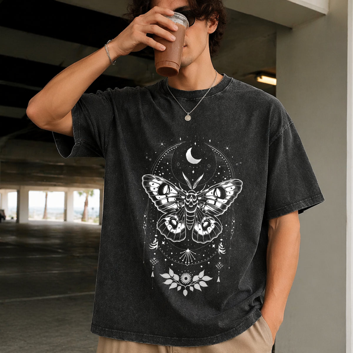 Moth Moon Retro Gothic Nature Vintage Washed T-Shirt in Black