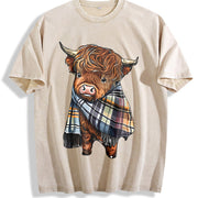 Scottish Highland Cow Plaid Vintage Washed T-Shirt in Beige