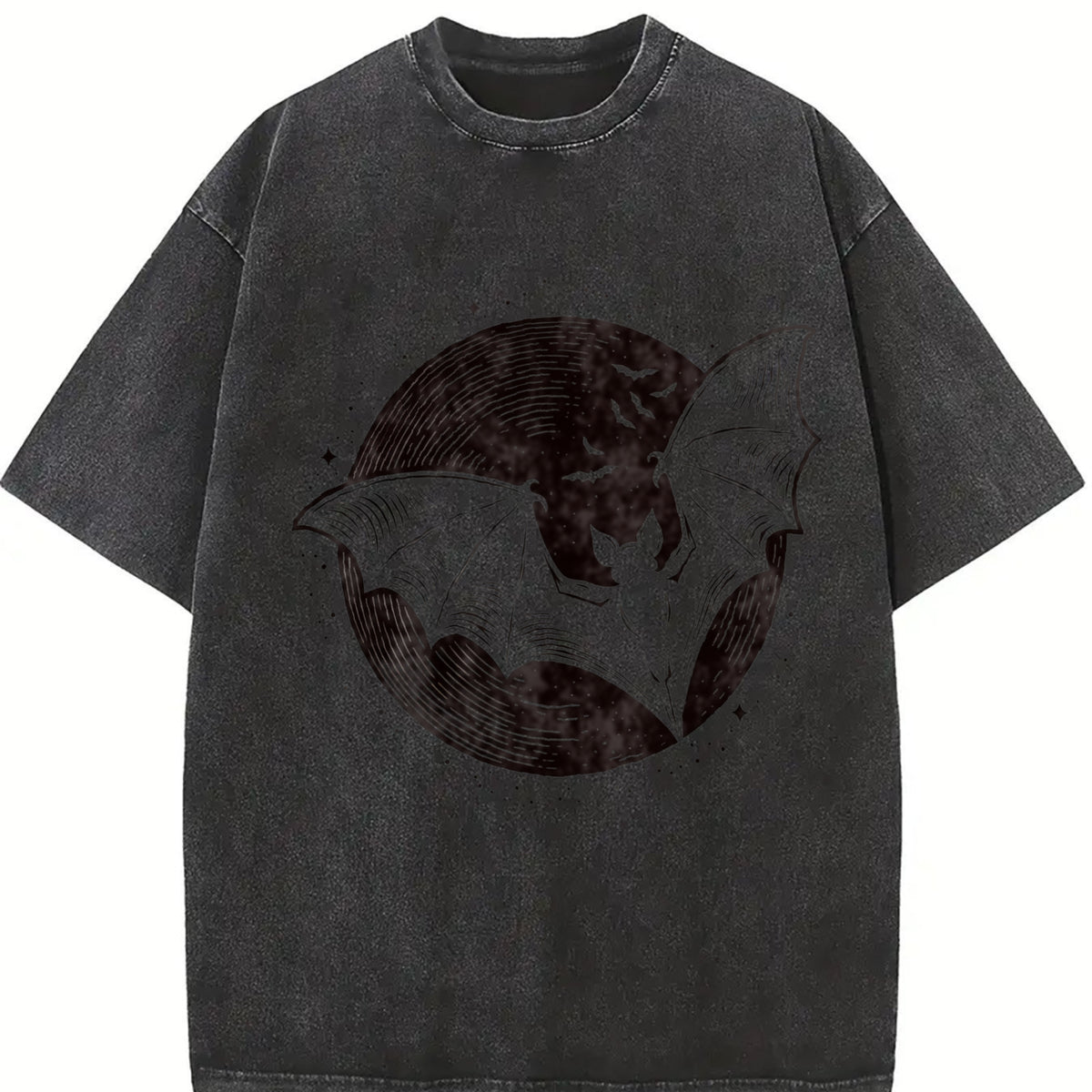 Retro Bats Moon 90s Vintage Washed T-Shirt in Black