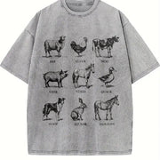 Retro Farm Animals Vintage Washed T-Shirt in Gray