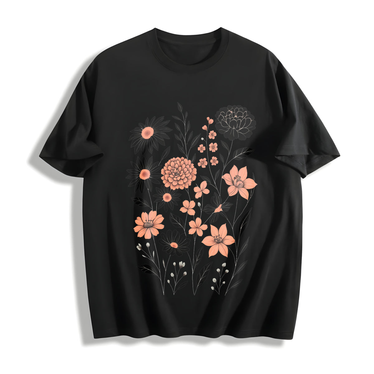 Pressed Flowers Botanical Floral Cotton T-Shirt in Black