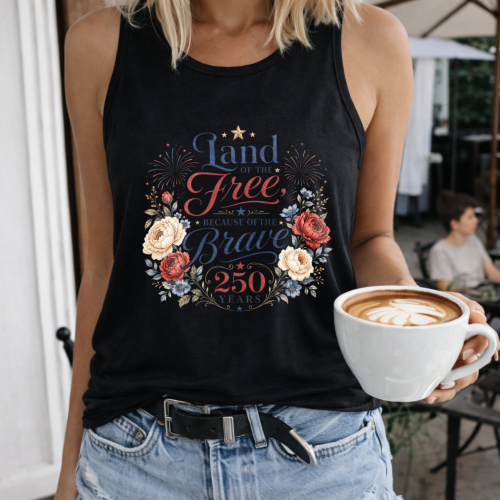 Land of the Free Because of the Brave Women's Color Cotton Tank Top in Black