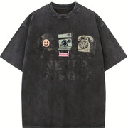 Omen's 90S Retro Floppy Disk & Up Graphics Vintage Washed T-Shirt in Black