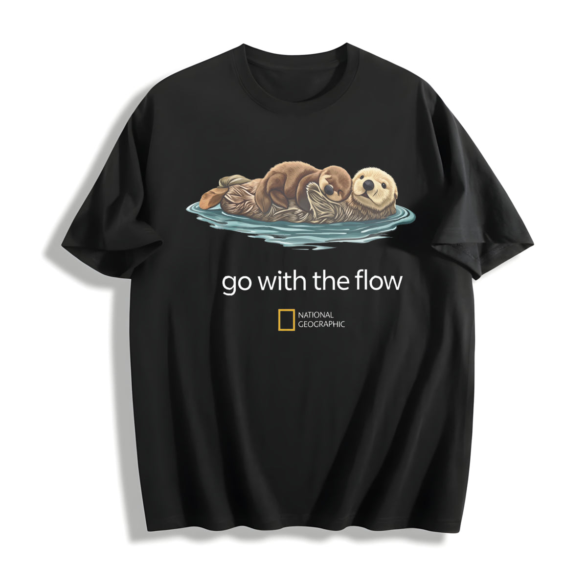Cute Sea Otter Go with the Flow National Geographic Boxy Cotton T-Shirt in Black