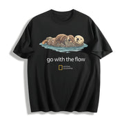 Cute Sea Otter Go with the Flow National Geographic Boxy Cotton T-Shirt in Black