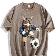 Cat Soccer Player Vintage Washed T-Shirt in Brown