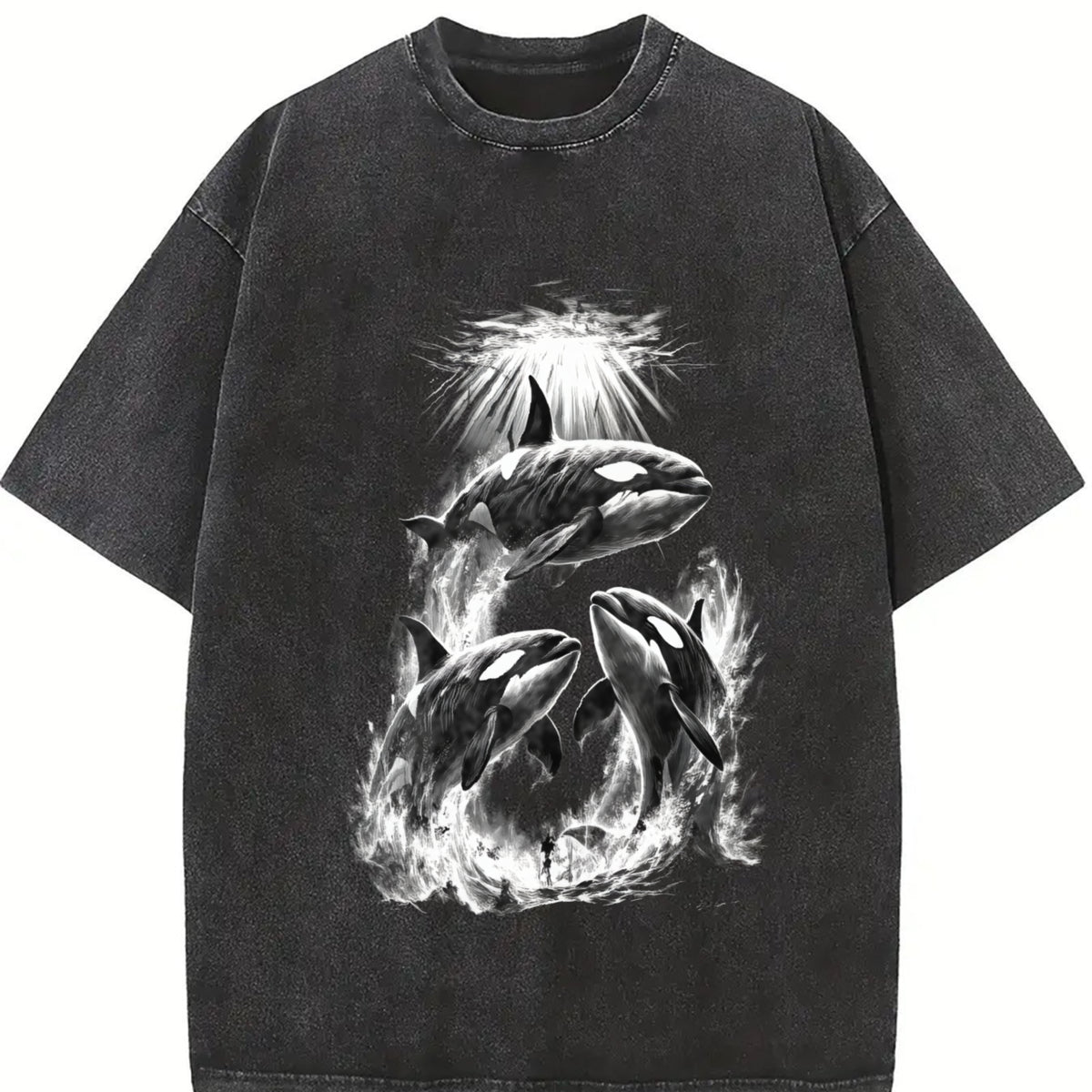 Killer Whales Retro Marine Life Orca Vintage Washed T-Shirt in Black