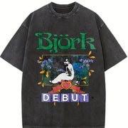 Y2k Bjork Debut Vintage Washed T-Shirt in Black