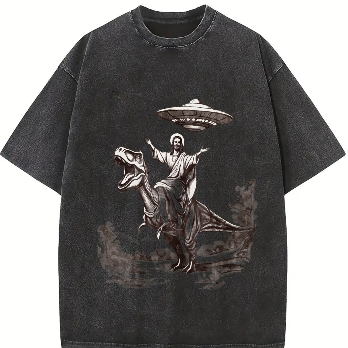 Retro Jesus Riding Dinosaur Under UFO Religious Vintage Washed T-Shirt in Black