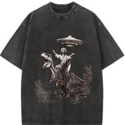 Retro Jesus Riding Dinosaur Under UFO Religious Vintage Washed T-Shirt in Black
