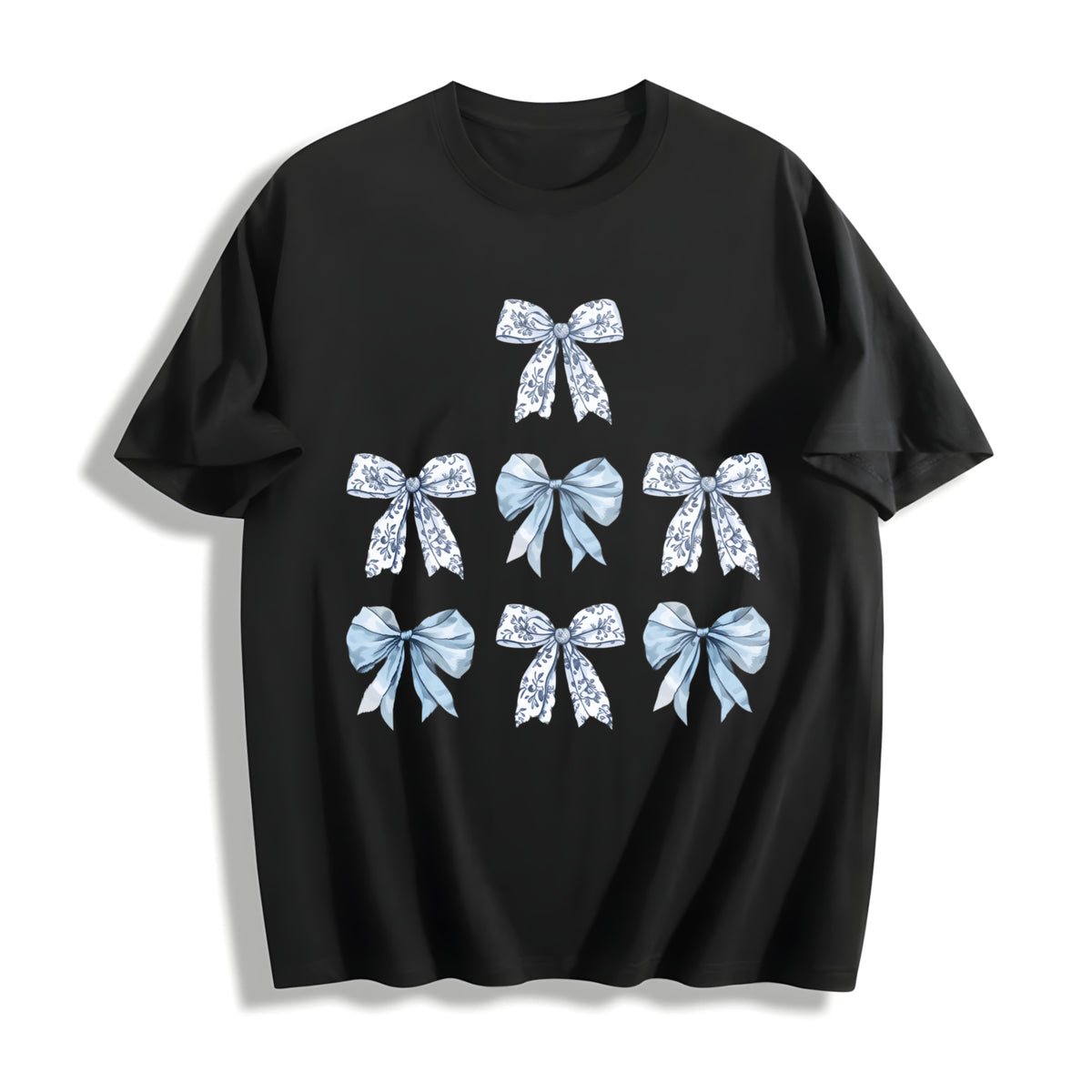 Toile Bow Blue Coquette Cute Ribbon Girly Girl Cotton T-Shirt in Black