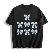Toile Bow Blue Coquette Cute Ribbon Girly Girl Cotton T-Shirt in Black