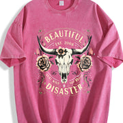Western Cowboy - Black with Bull Skull & Floral vintage washed oversized T-shirt in Red