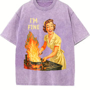 I Am Fine Retro Housewife Vintage Washed T-Shirt in Purple