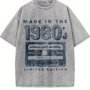 Made in the 1980s Retro Cassette Tape Music Cute Ladies Vintage Washed T-Shirt in Gray
