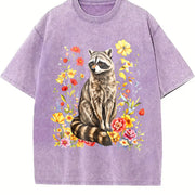 Cute Raccoon Floral Vintage Washed T-Shirt in Purple